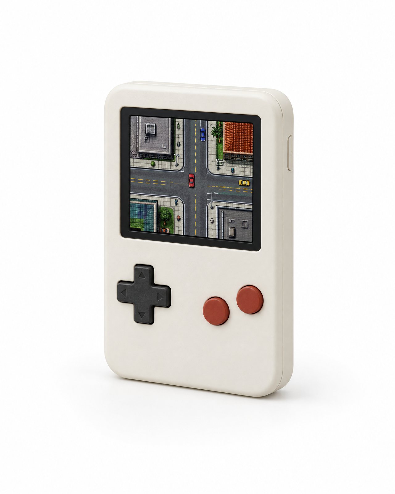 A handheld console showing a top-down city