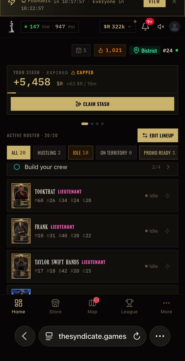 The Syndicate on a phone: stash and roster